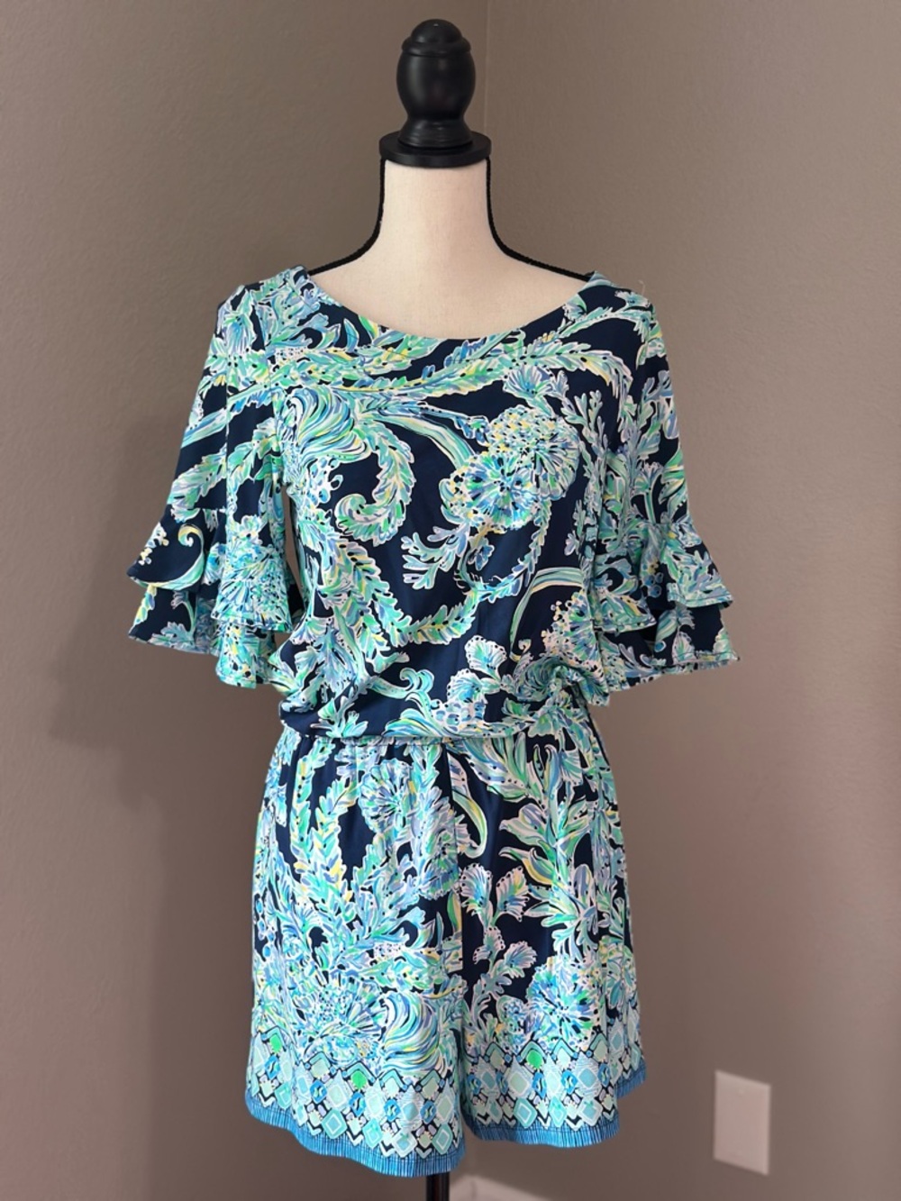 Lilly Pulitzer Navy Floral Paisley Romper with Aqua Accents